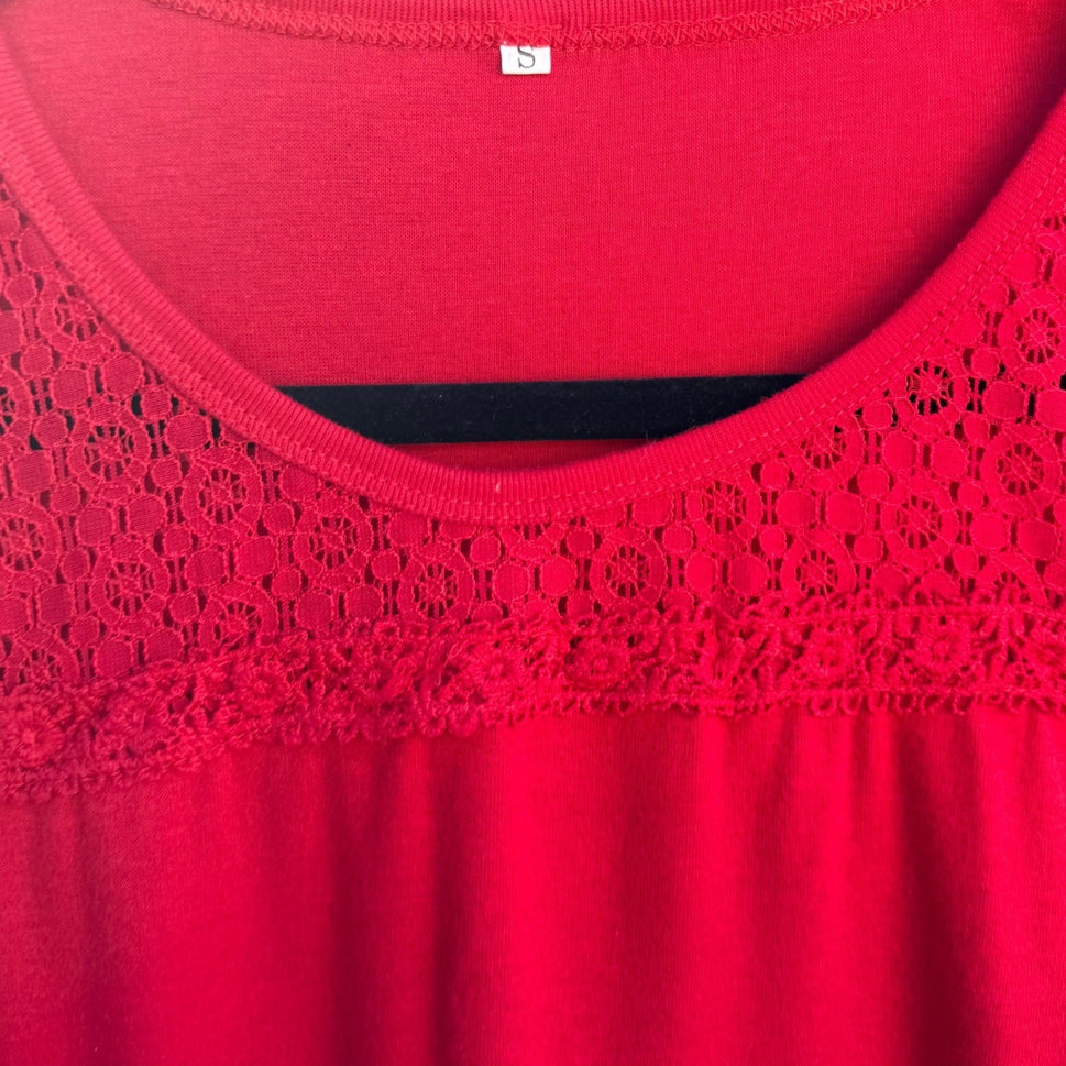 Vintage Womens Red Long Sleeve Crochet Lace Panel Scoop Neck Boho Tunic Top S