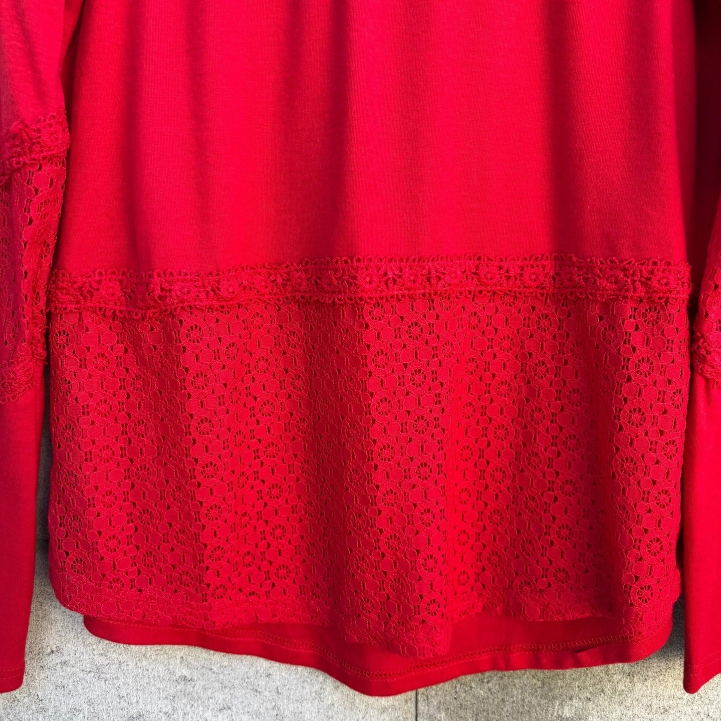 Vintage Womens Red Long Sleeve Crochet Lace Panel Scoop Neck Boho Tunic Top S