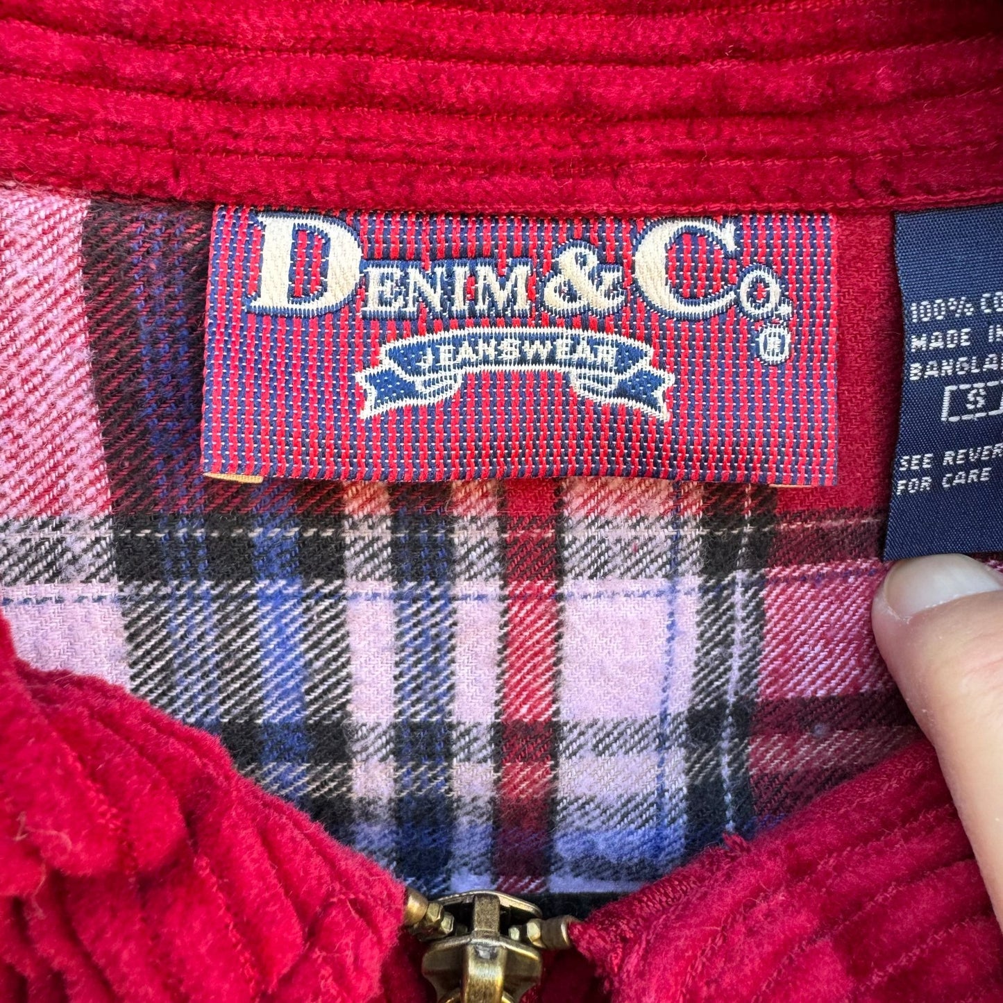 Denim & Co. Vintage Womens Red Zip Plaid Lining Corduroy Barn Chore Jacket Small