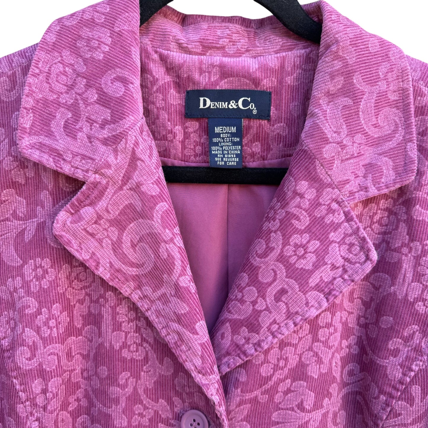 Denim & Co Vintage Womens Oversized Pink Corduroy Floral Barn Chore Blazer Jacket M