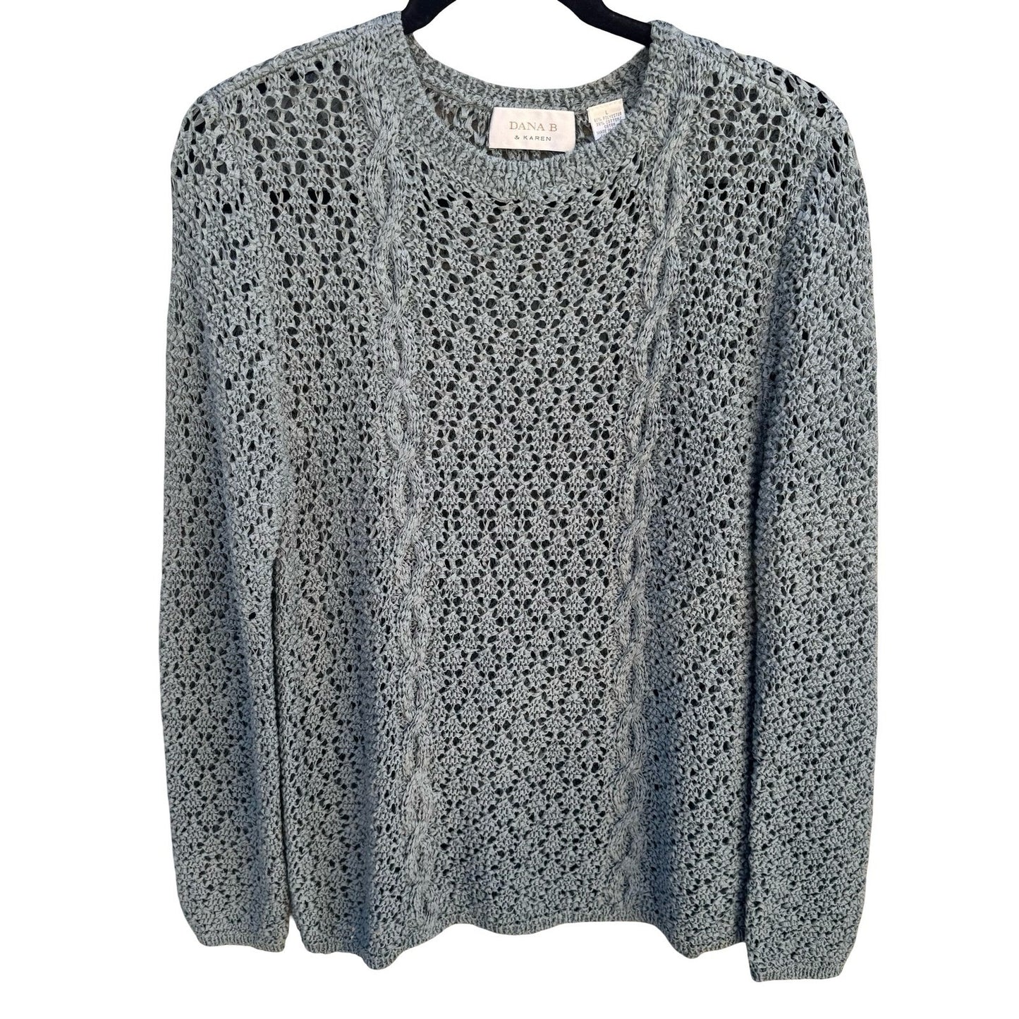 Dana B & Karen Womens Open Knit Cable Sweater Blue Crochet Cotton Blend Large