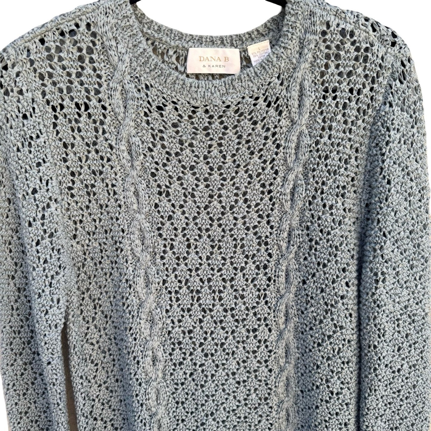Dana B & Karen Womens Open Knit Cable Sweater Blue Crochet Cotton Blend Large
