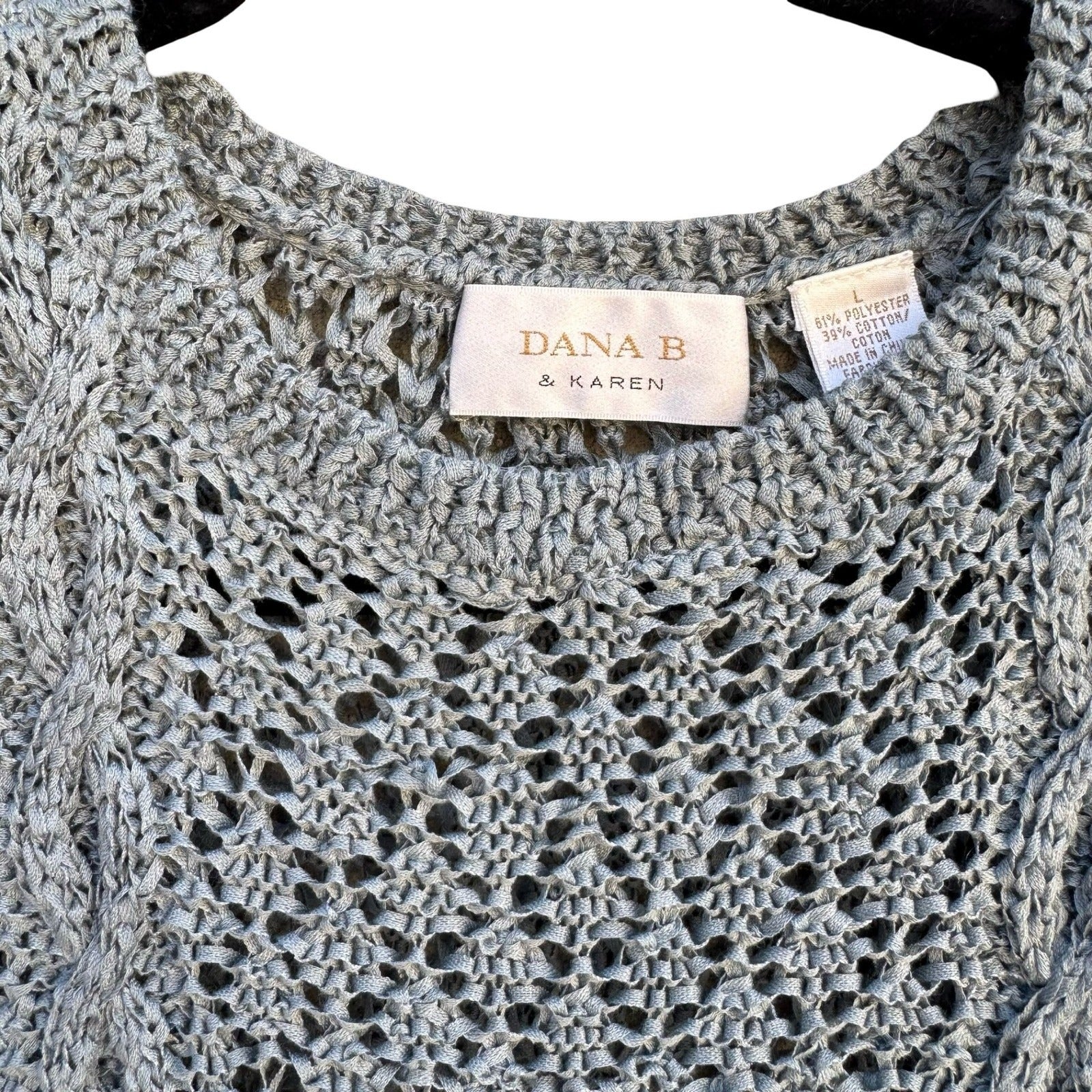 Dana B & Karen Womens Open Knit Cable Sweater Blue Crochet Cotton Blend Large