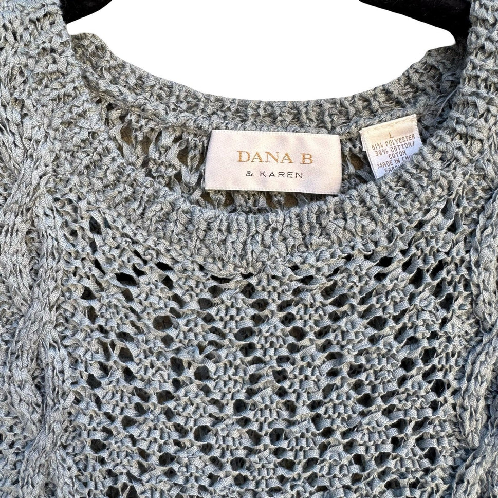 Dana B & Karen Womens Open Knit Cable Sweater Blue Crochet Cotton Blend Large