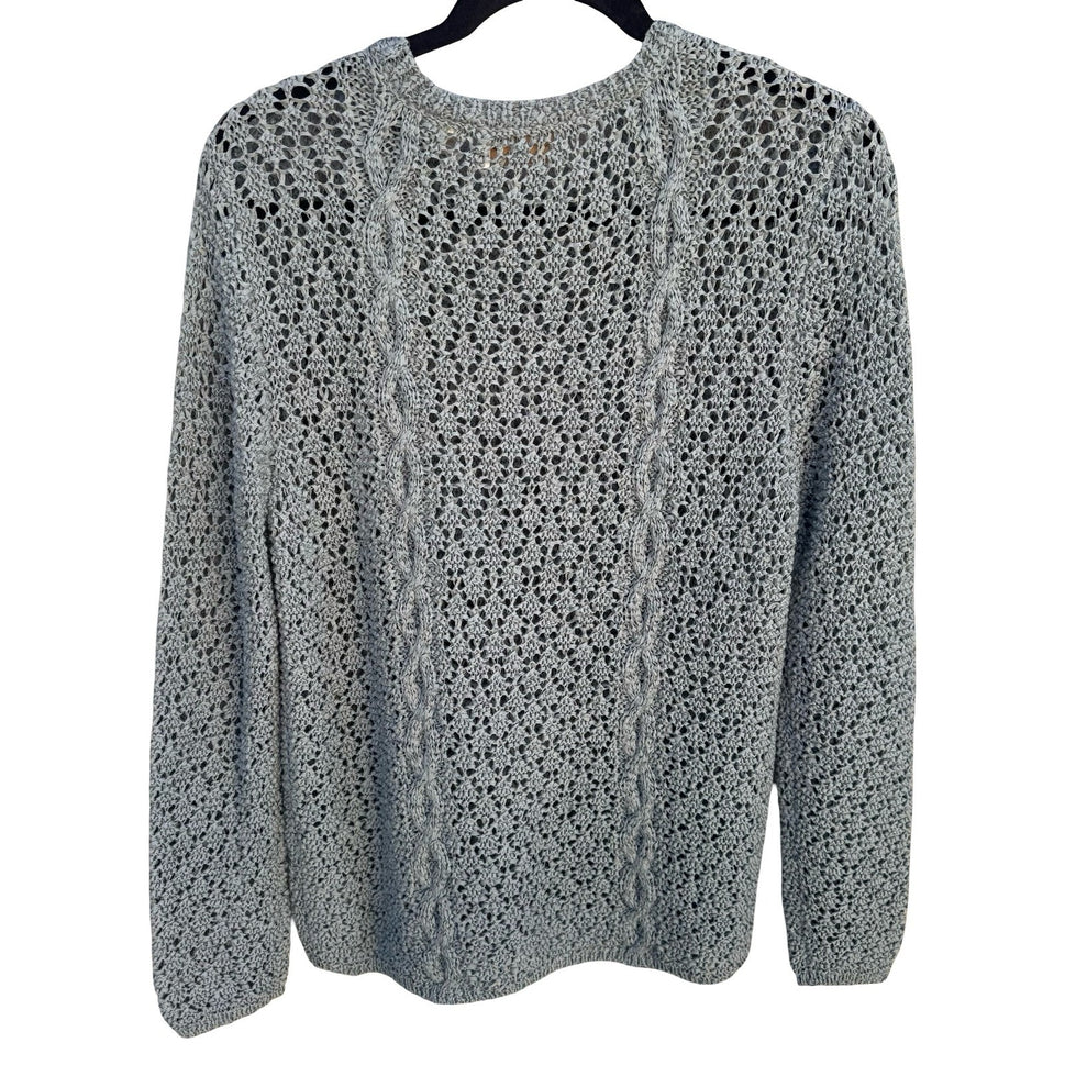 Dana B & Karen Womens Open Knit Cable Sweater Blue Crochet Cotton Blend Large