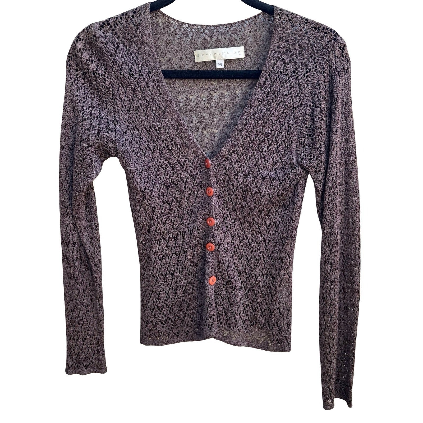 Bette Paige Pointelle Open Knit Boho Indie Grunge Whimsigoth Cardigan Brown M