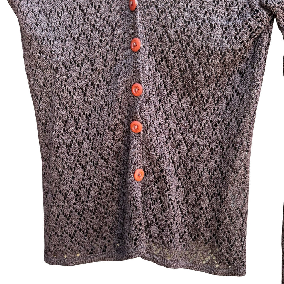 Bette Paige Pointelle Open Knit Boho Indie Grunge Whimsigoth Cardigan Brown M