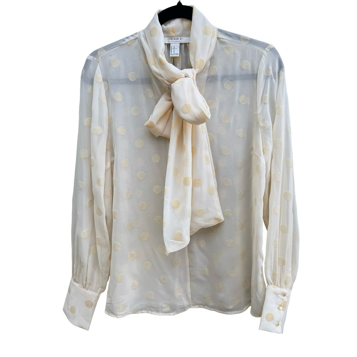 Forever 21 Contemporary Coquette Sheer Tie Neck Polka Dot Chiffon Blouse Cream M