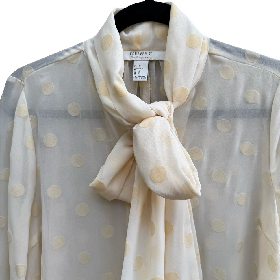 Forever 21 Contemporary Coquette Sheer Tie Neck Polka Dot Chiffon Blouse Cream M