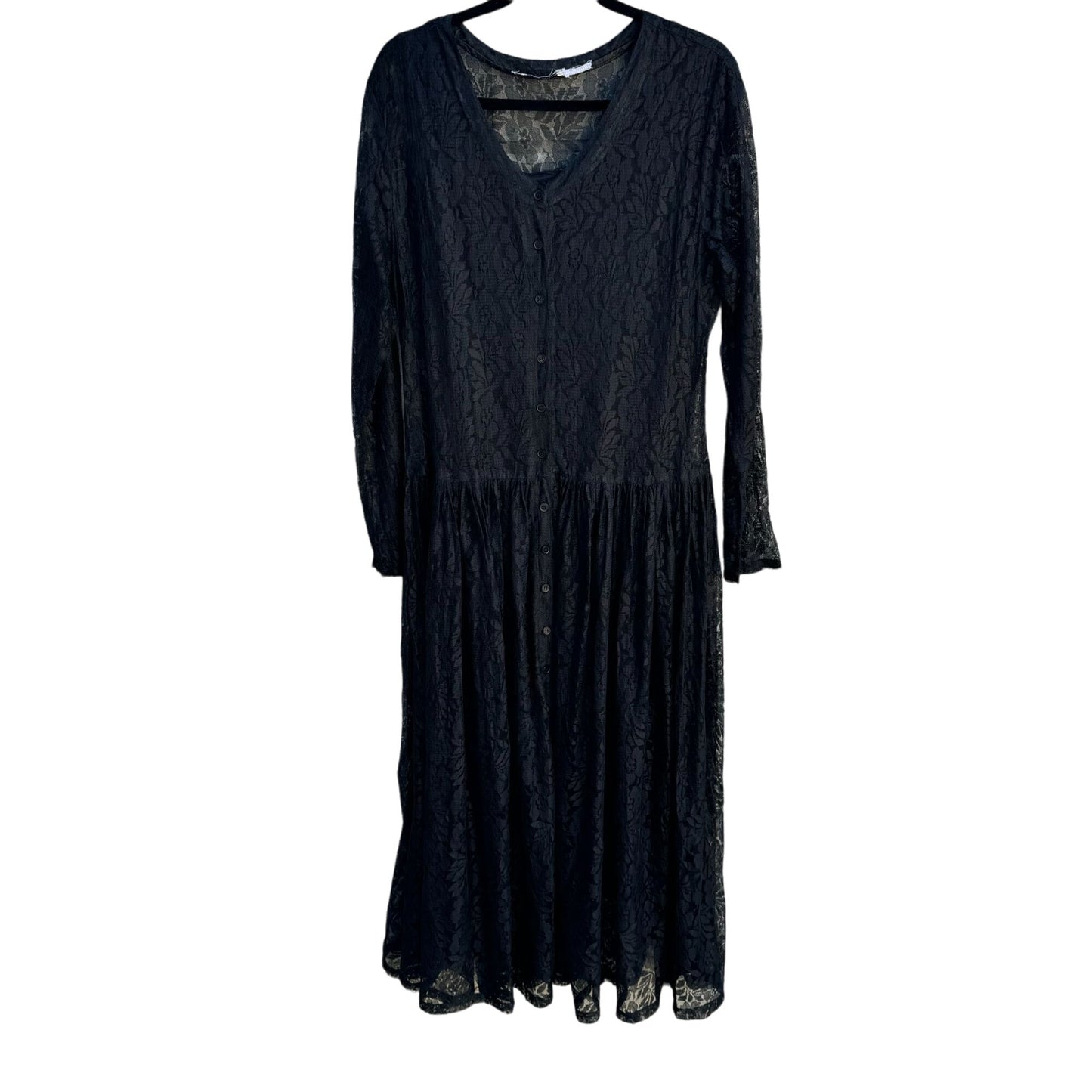 Vintage Boho Goth Black Lace Long Sleeve V Neck Semi Sheer Button Up Midi Dress