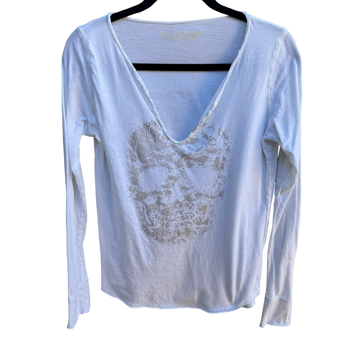 Zadig & Voltaire Glitter Skull Grunge Rocker Alt Gothic Long Sleeve Tee White M