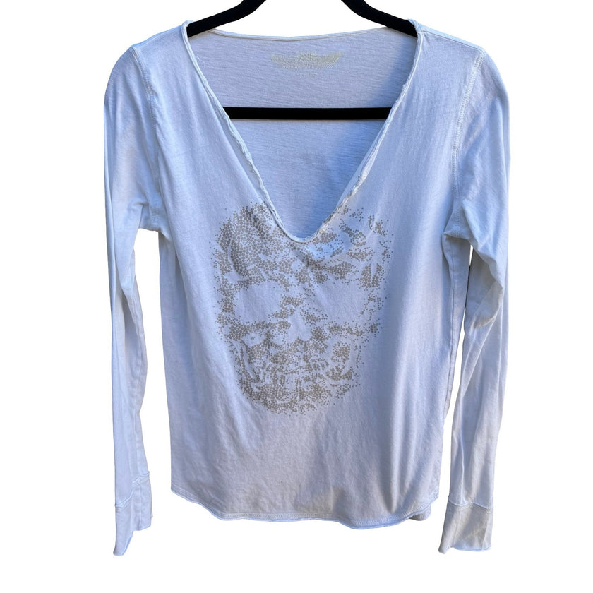 Zadig & Voltaire Glitter Skull Grunge Rocker Alt Gothic Long Sleeve Tee White M