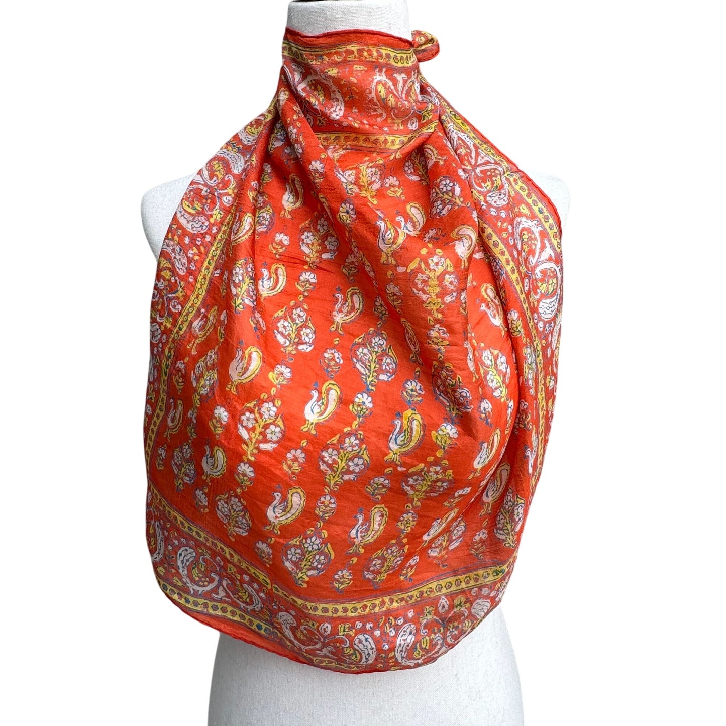 Vintage Vibrant Orange Silk Paisley Peacock Rooster Floral Design Square Scarf