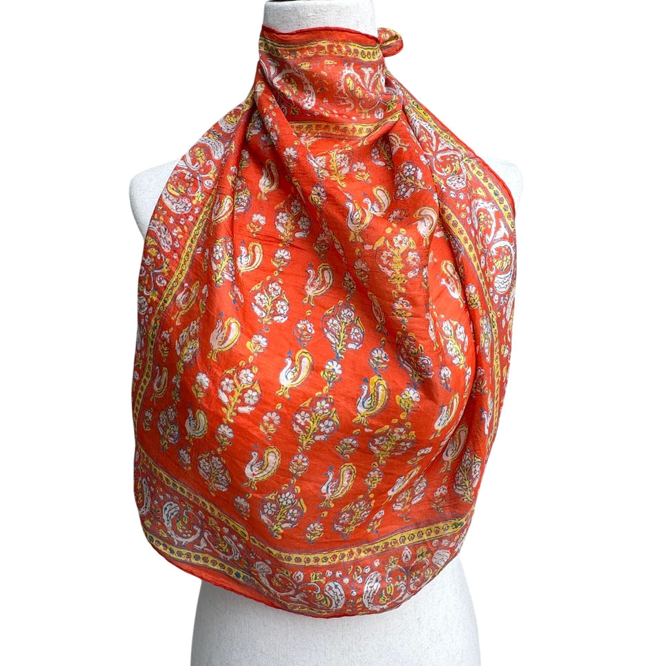 Vintage Vibrant Orange Silk Paisley Peacock Rooster Floral Design Square Scarf
