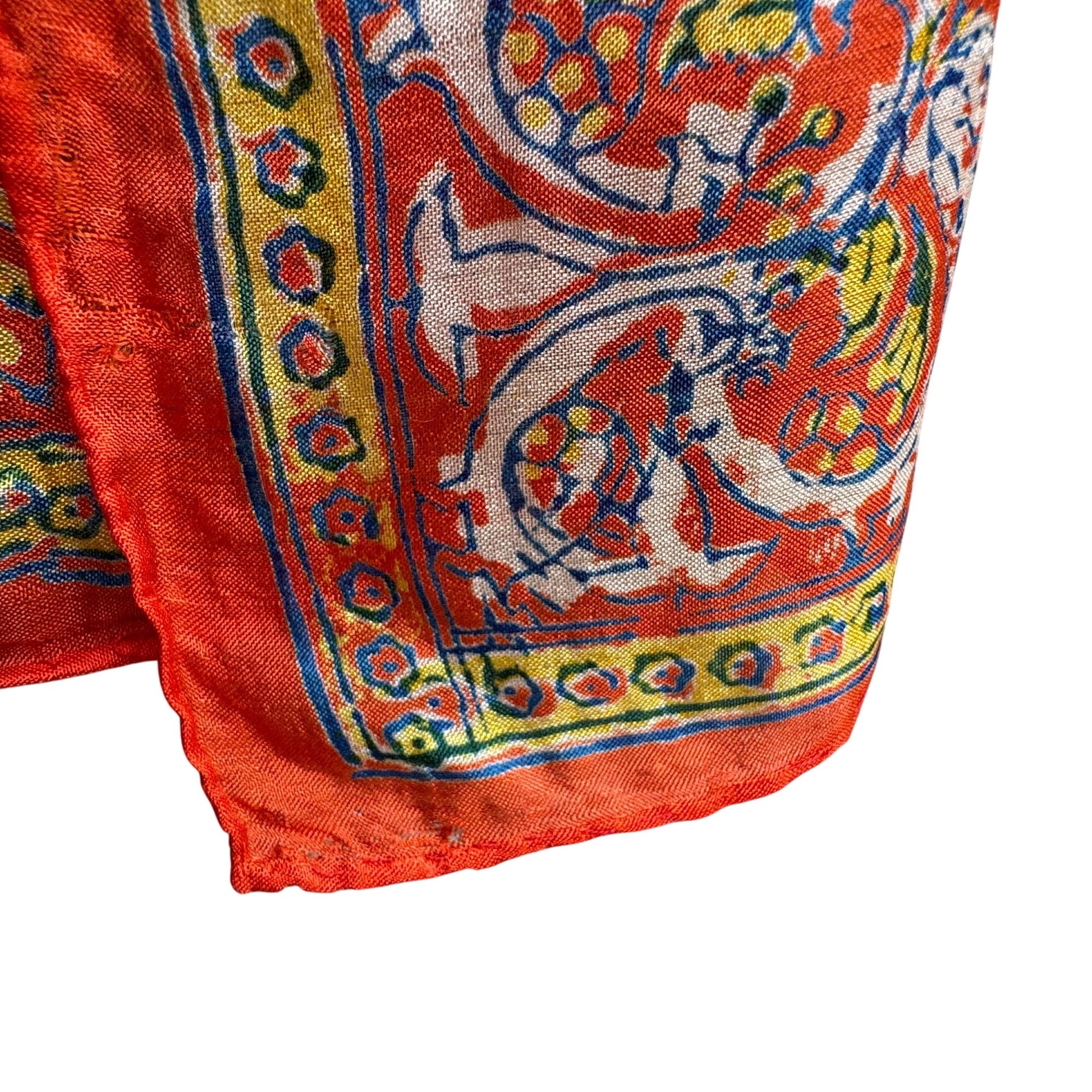 Vintage Vibrant Orange Silk Paisley Peacock Rooster Floral Design Square Scarf