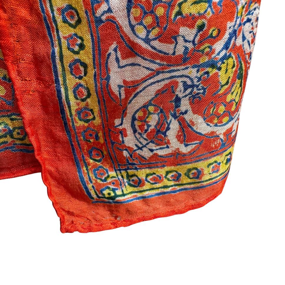 Vintage Vibrant Orange Silk Paisley Peacock Rooster Floral Design Square Scarf