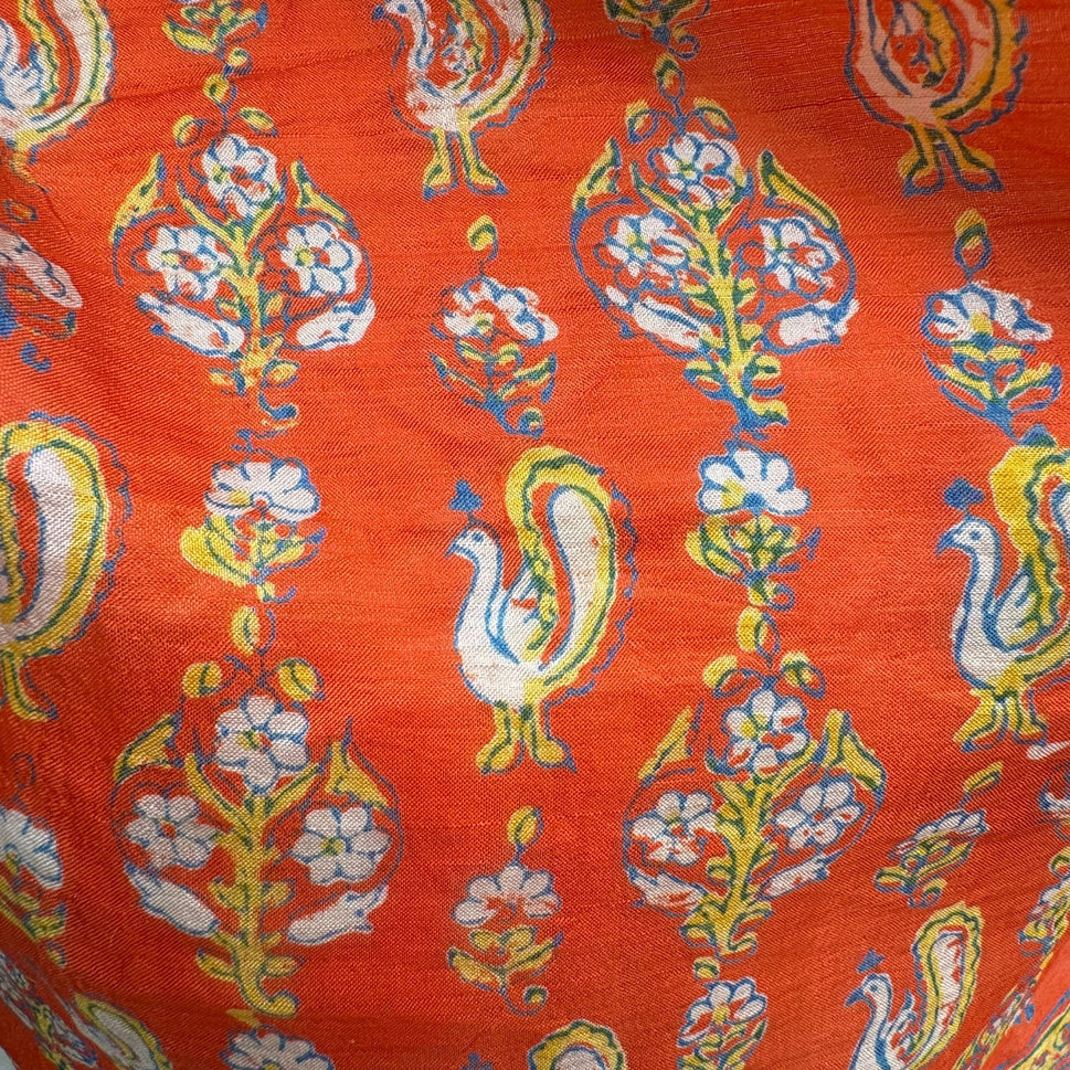Vintage Vibrant Orange Silk Paisley Peacock Rooster Floral Design Square Scarf