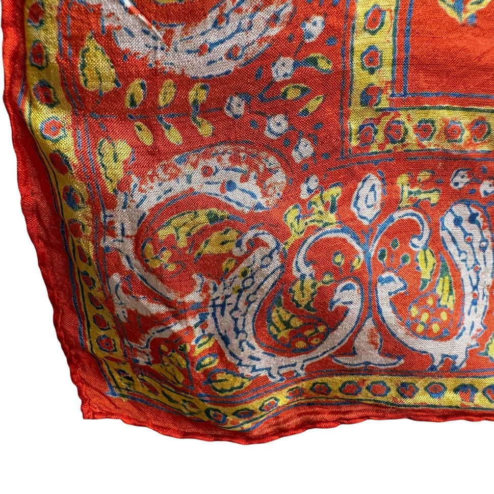 Vintage Vibrant Orange Silk Paisley Peacock Rooster Floral Design Square Scarf