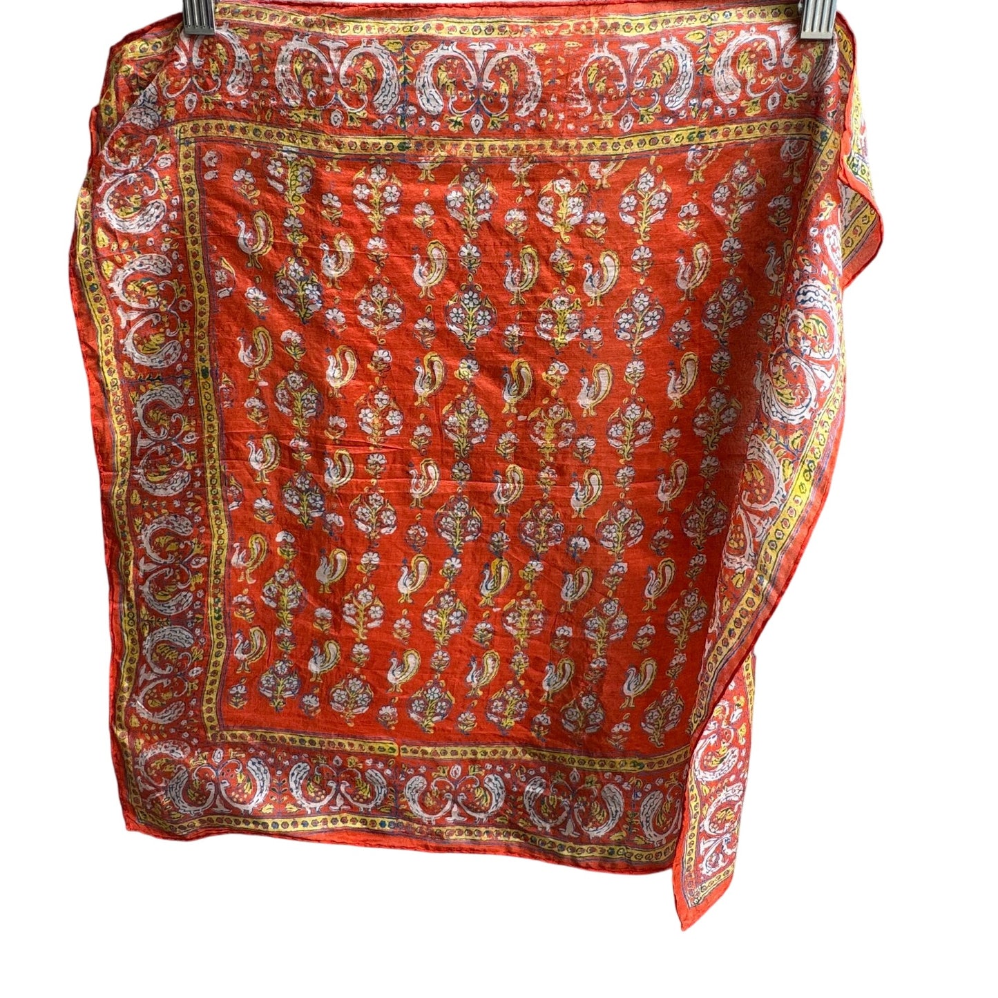 Vintage Vibrant Orange Silk Paisley Peacock Rooster Floral Design Square Scarf