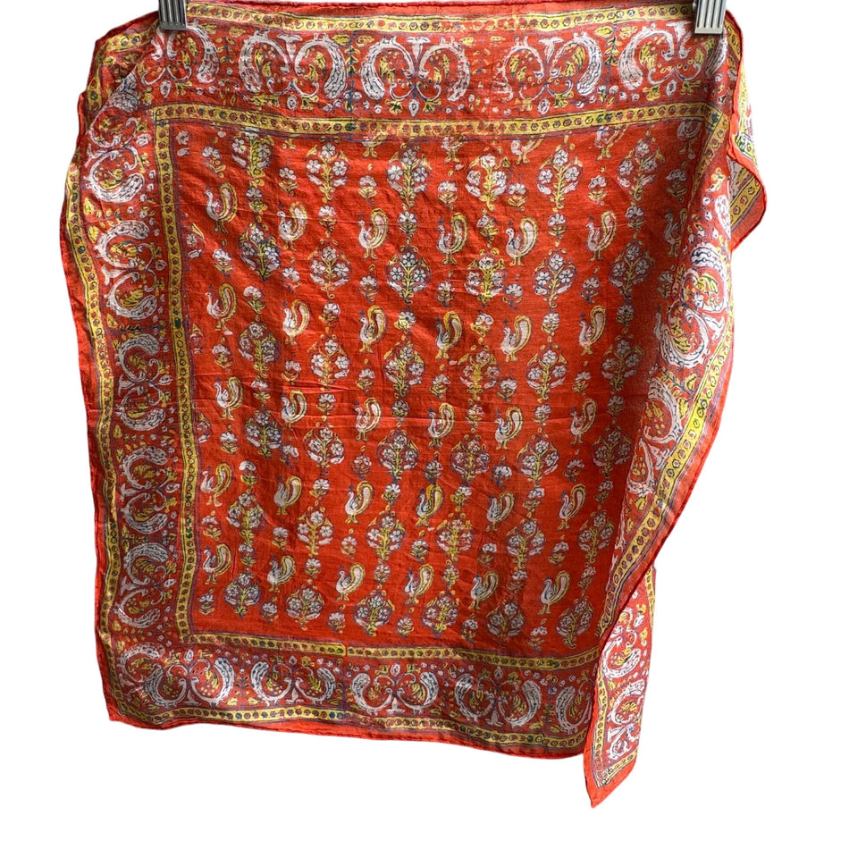 Vintage Vibrant Orange Silk Paisley Peacock Rooster Floral Design Square Scarf