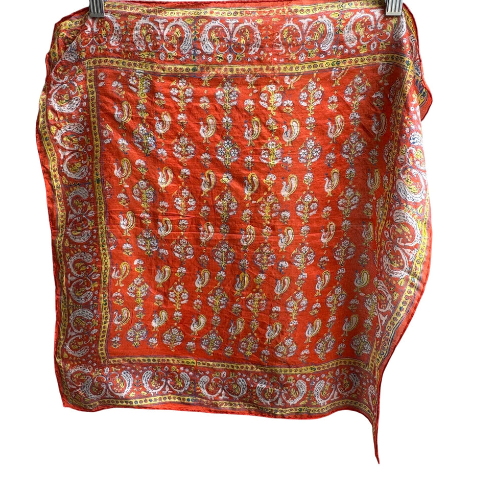 Vintage Vibrant Orange Silk Paisley Peacock Rooster Floral Design Square Scarf