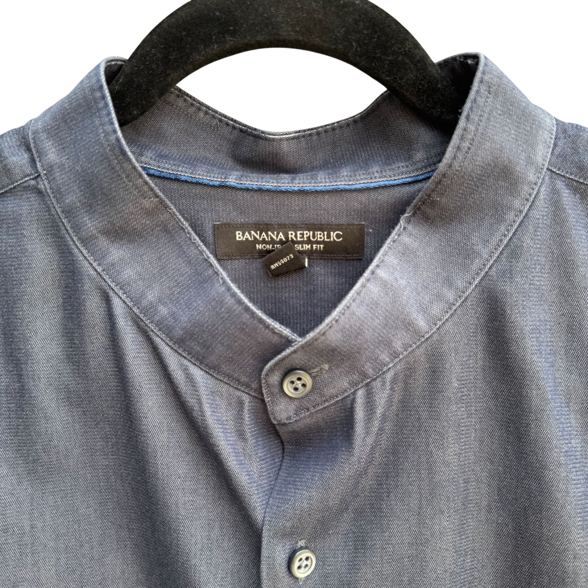 Banana Republic Non-Iron Slim Fit Mens Band Collar Blue Long Sleeve Dress Shirt XXL