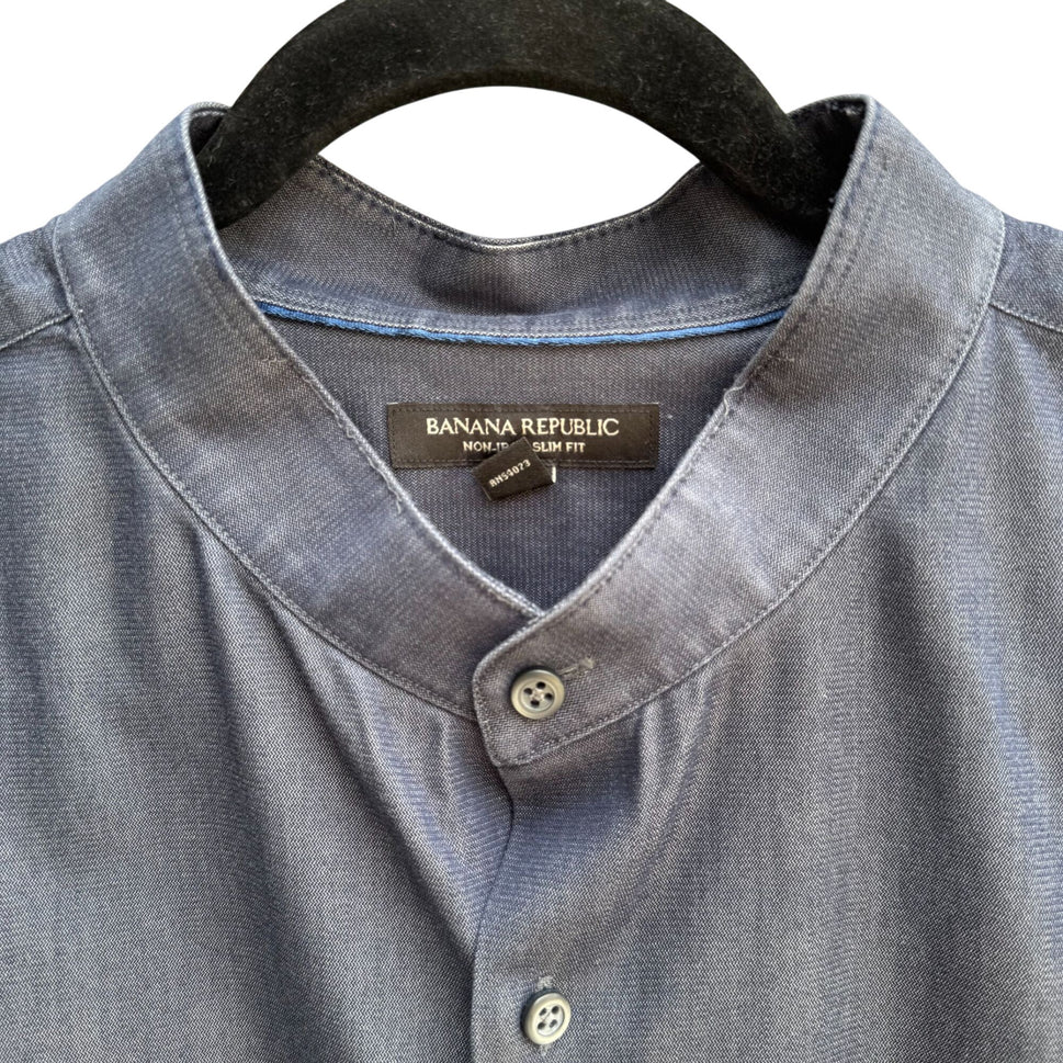 Banana Republic Non-Iron Slim Fit Mens Band Collar Blue Long Sleeve Dress Shirt XXL