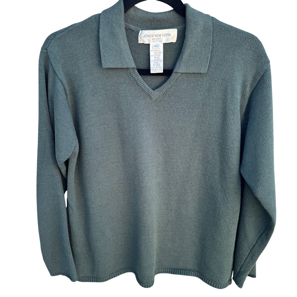 Jones New York Sport Vintage Sage Green Polo V-Neck Sweater Long Sleeve P/S