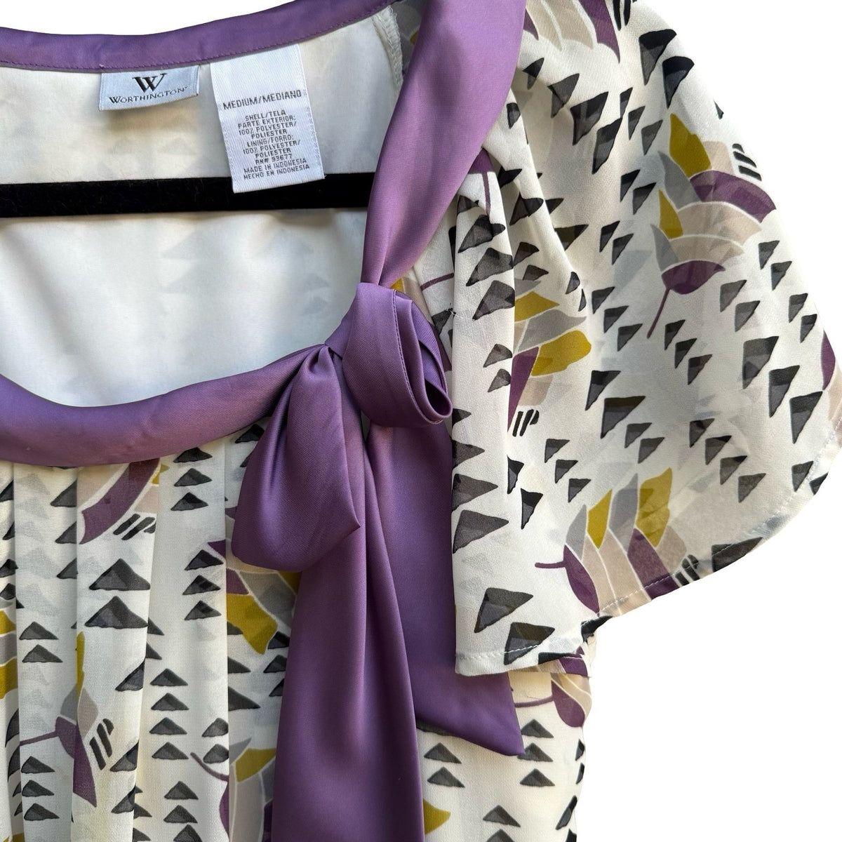 Worthington Whimsigoth Flowy Geometric Bow Neck Flutter Sleeve Blouse Purple M