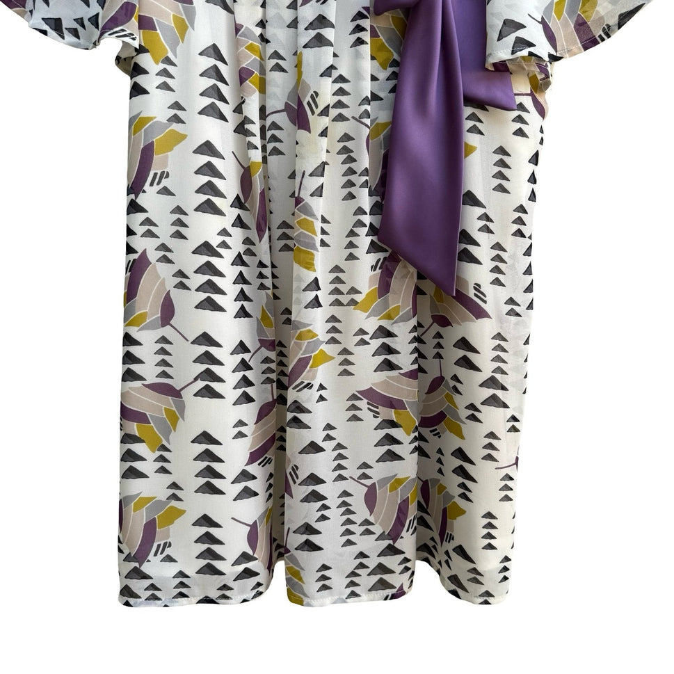 Worthington Whimsigoth Flowy Geometric Bow Neck Flutter Sleeve Blouse Purple M