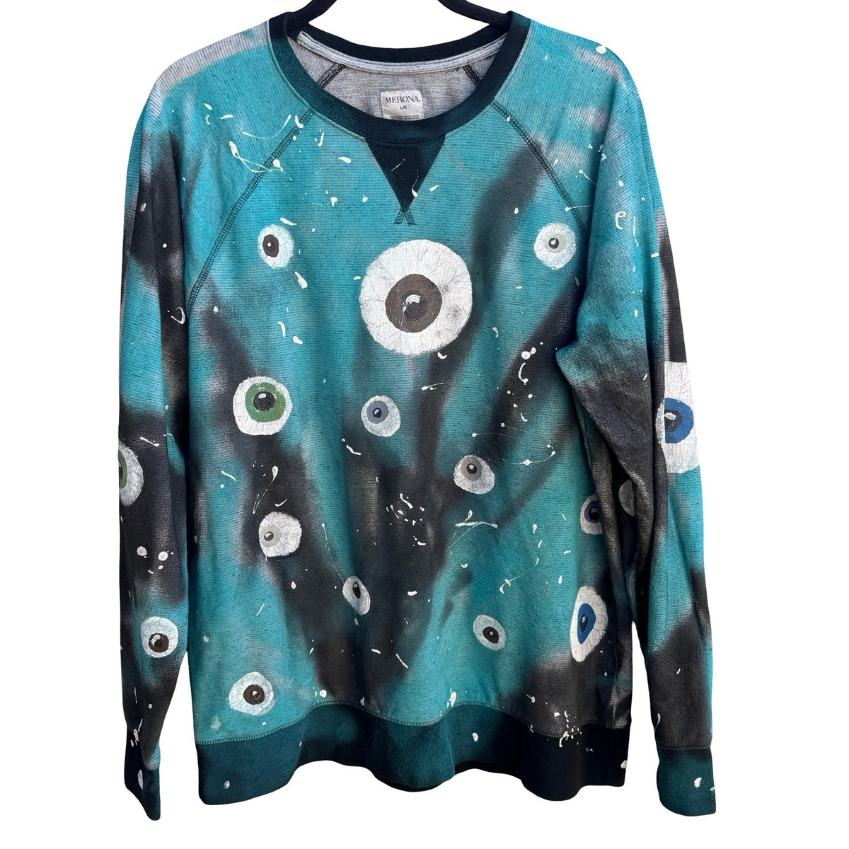 Merona Custom Hand Painted Eyeball Tie Dye Wearable Art Sweatshirt Teal Mens L