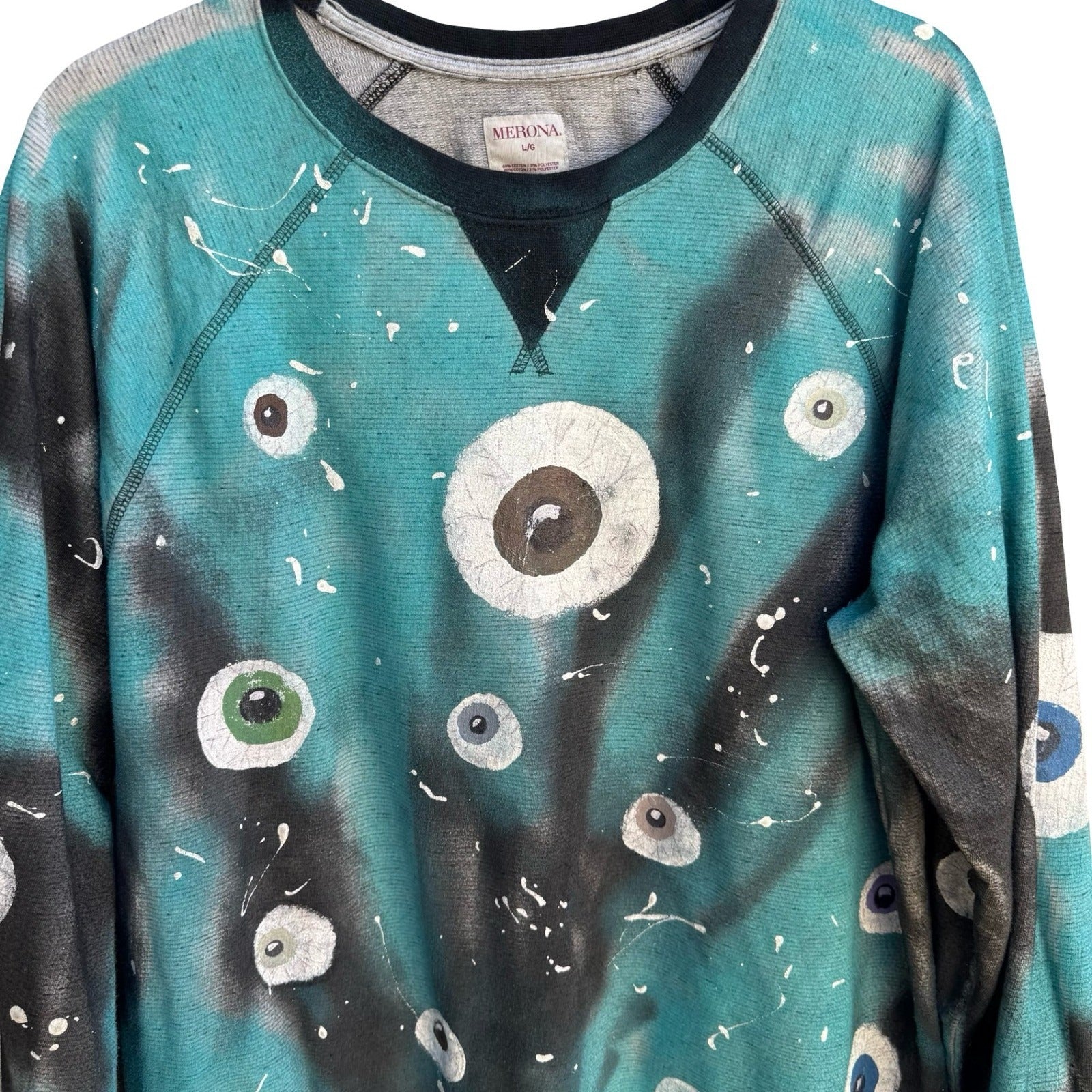 Merona Custom Hand Painted Eyeball Tie Dye Wearable Art Sweatshirt Teal Mens L