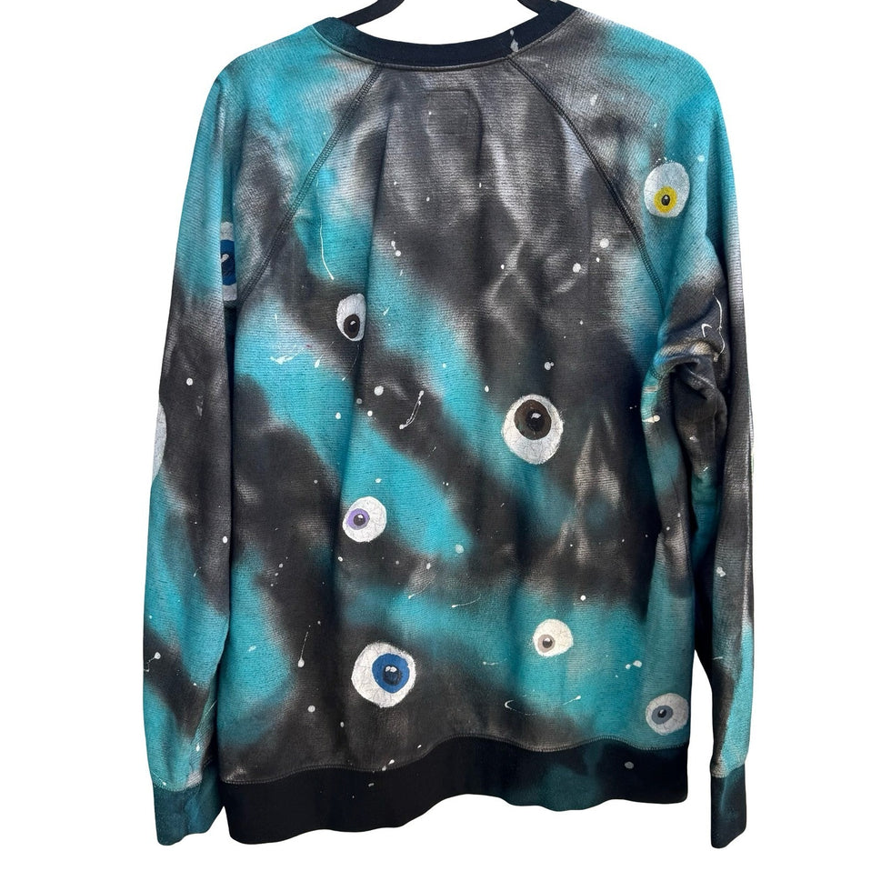 Merona Custom Hand Painted Eyeball Tie Dye Wearable Art Sweatshirt Teal Mens L