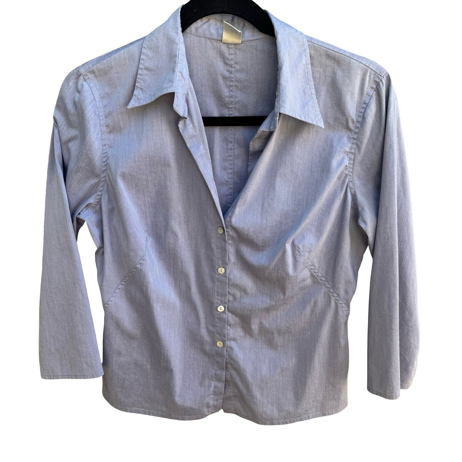 Max Studio Minimalist Coastal Preppy Workwear 3/4 Sleeve Tailored Blouse Blue M