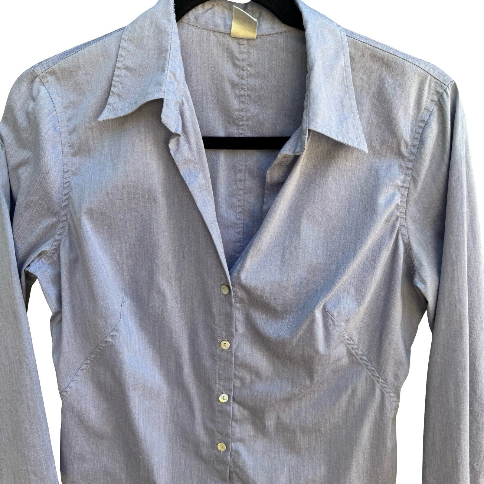 Max Studio Minimalist Coastal Preppy Workwear 3/4 Sleeve Tailored Blouse Blue M