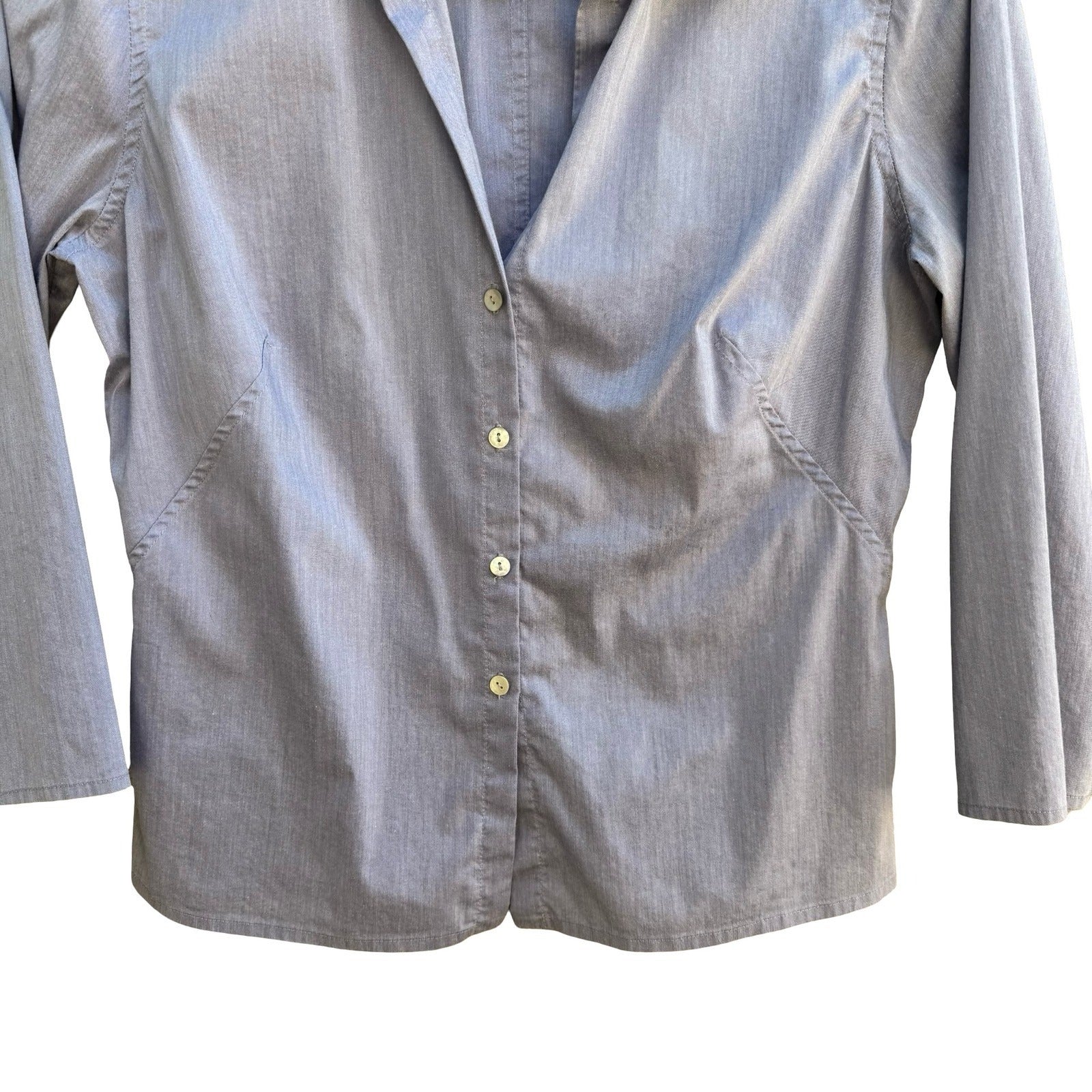 Max Studio Minimalist Coastal Preppy Workwear 3/4 Sleeve Tailored Blouse Blue M