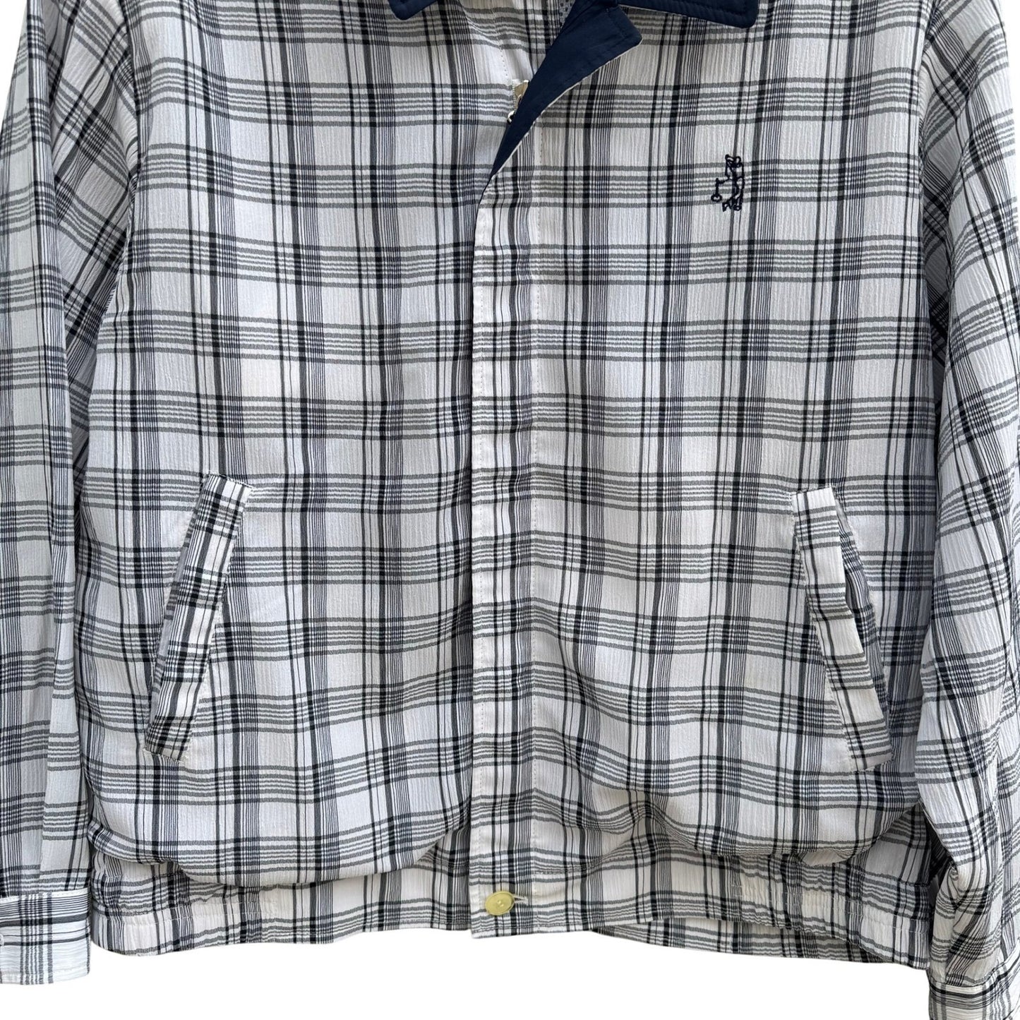 Trady Mens L Plaid Harrington Jacket White Black Navy Blue Textured Zip Up Golf