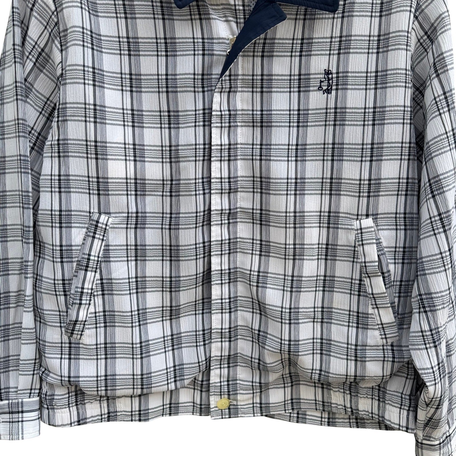 Trady Mens L Plaid Harrington Jacket White Black Navy Blue Textured Zip Up Golf