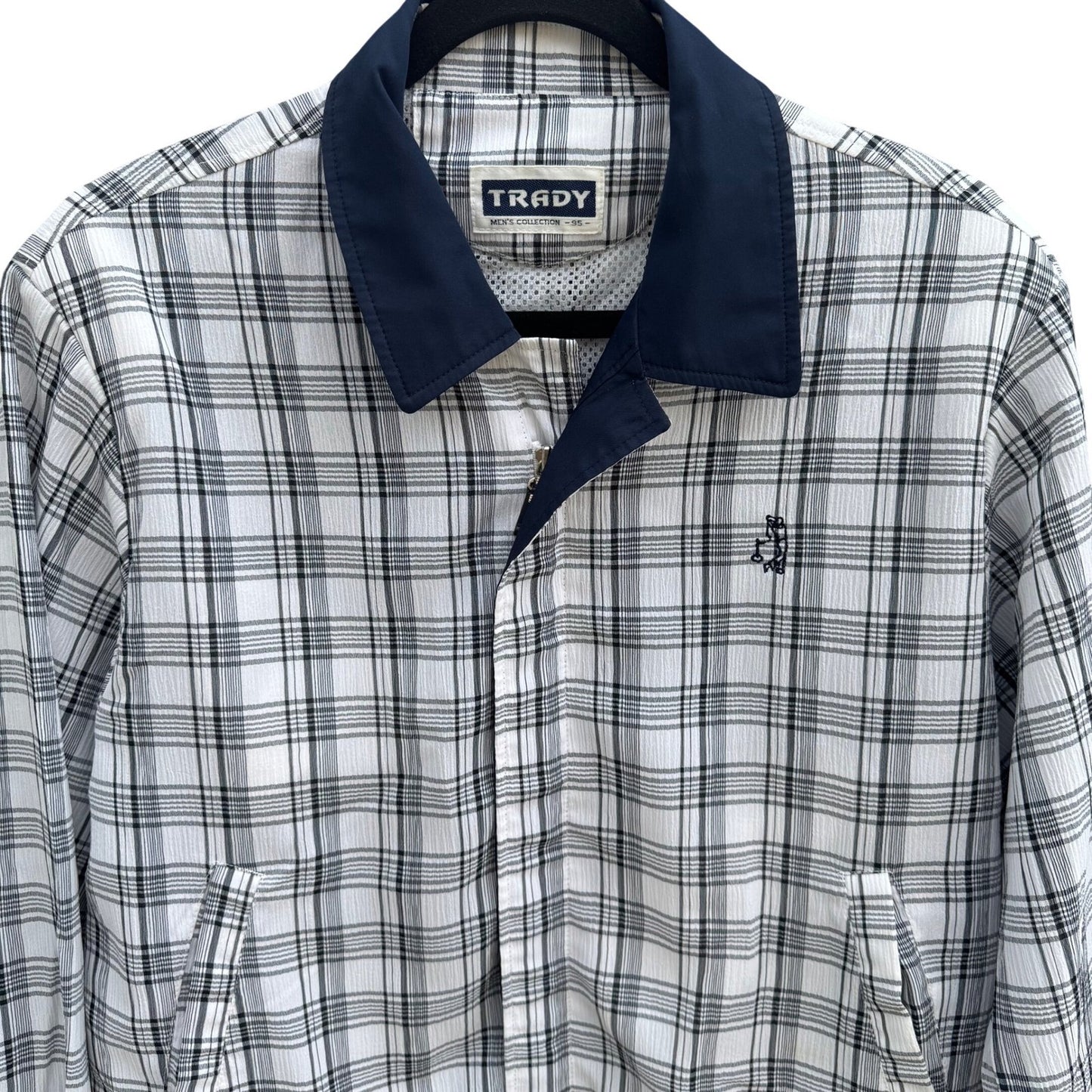 Trady Mens L Plaid Harrington Jacket White Black Navy Blue Textured Zip Up Golf