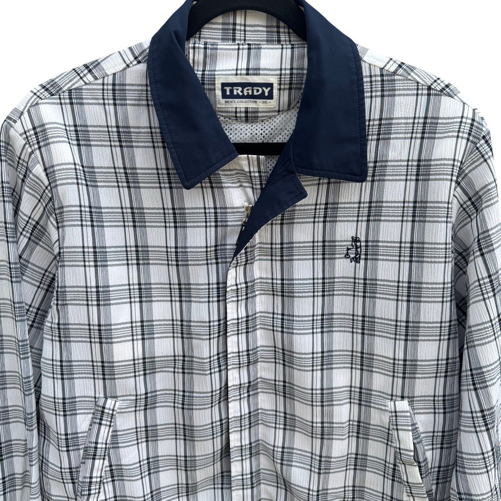 Trady Mens L Plaid Harrington Jacket White Black Navy Blue Textured Zip Up Golf