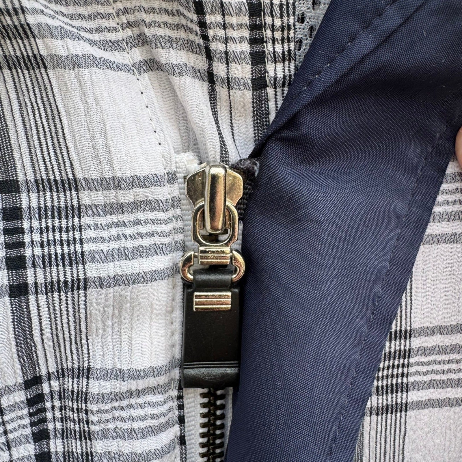 Trady Mens L Plaid Harrington Jacket White Black Navy Blue Textured Zip Up Golf