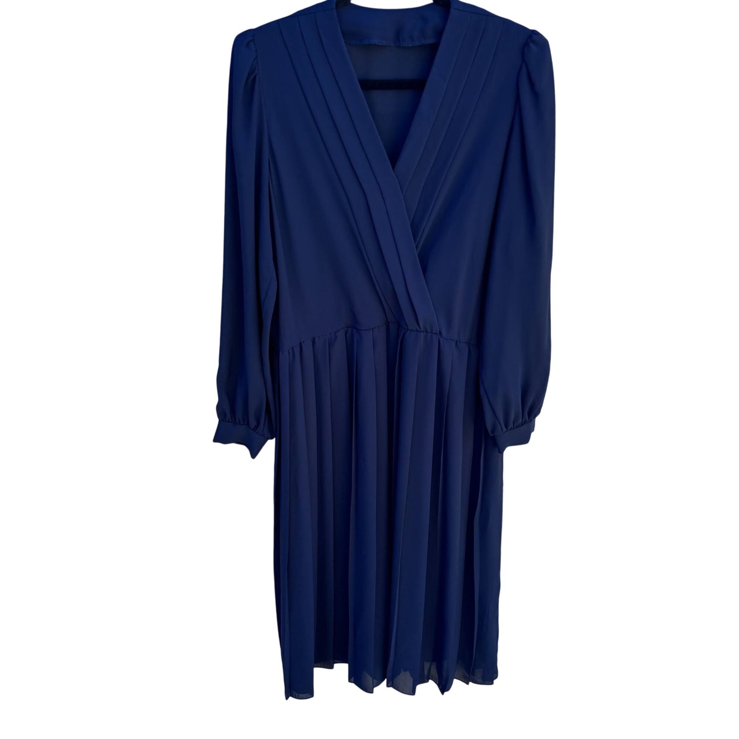 Vintage Womens Navy Blue Long-Sleeve Pleated V-Neck Flowy Semi Sheer Midi Dress