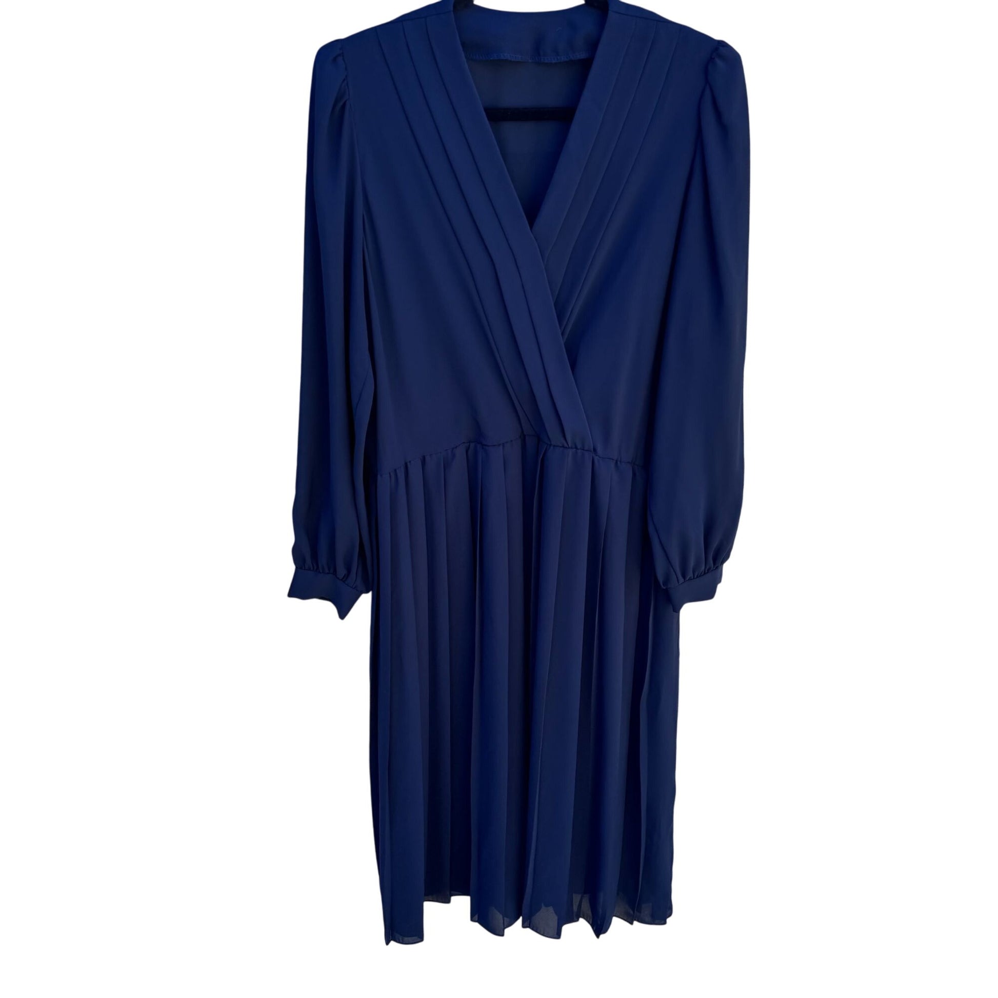 Vintage Womens Navy Blue Long-Sleeve Pleated V-Neck Flowy Semi Sheer Midi Dress