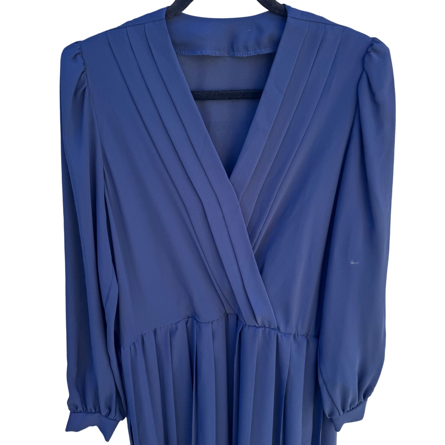 Vintage Womens Navy Blue Long-Sleeve Pleated V-Neck Flowy Semi Sheer Midi Dress