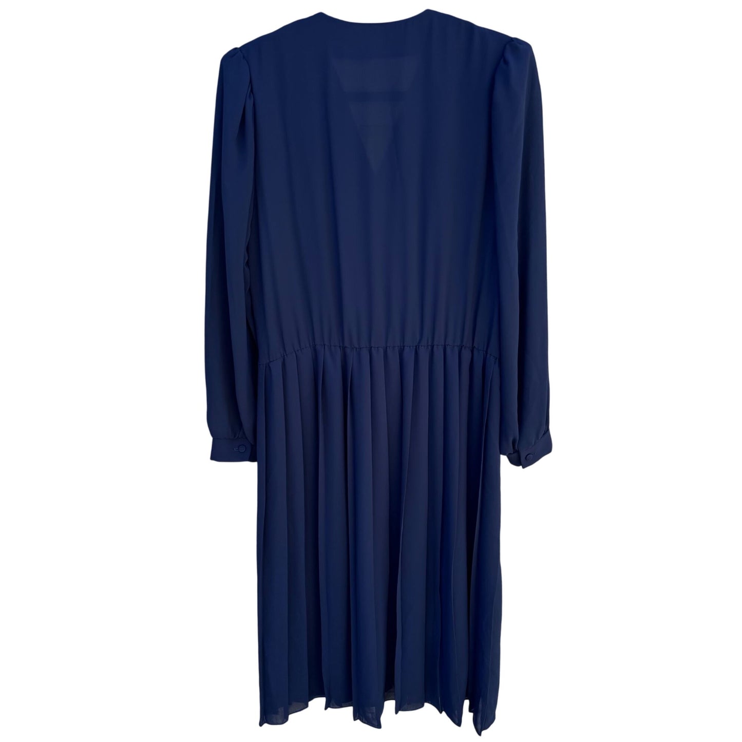 Vintage Womens Navy Blue Long-Sleeve Pleated V-Neck Flowy Semi Sheer Midi Dress