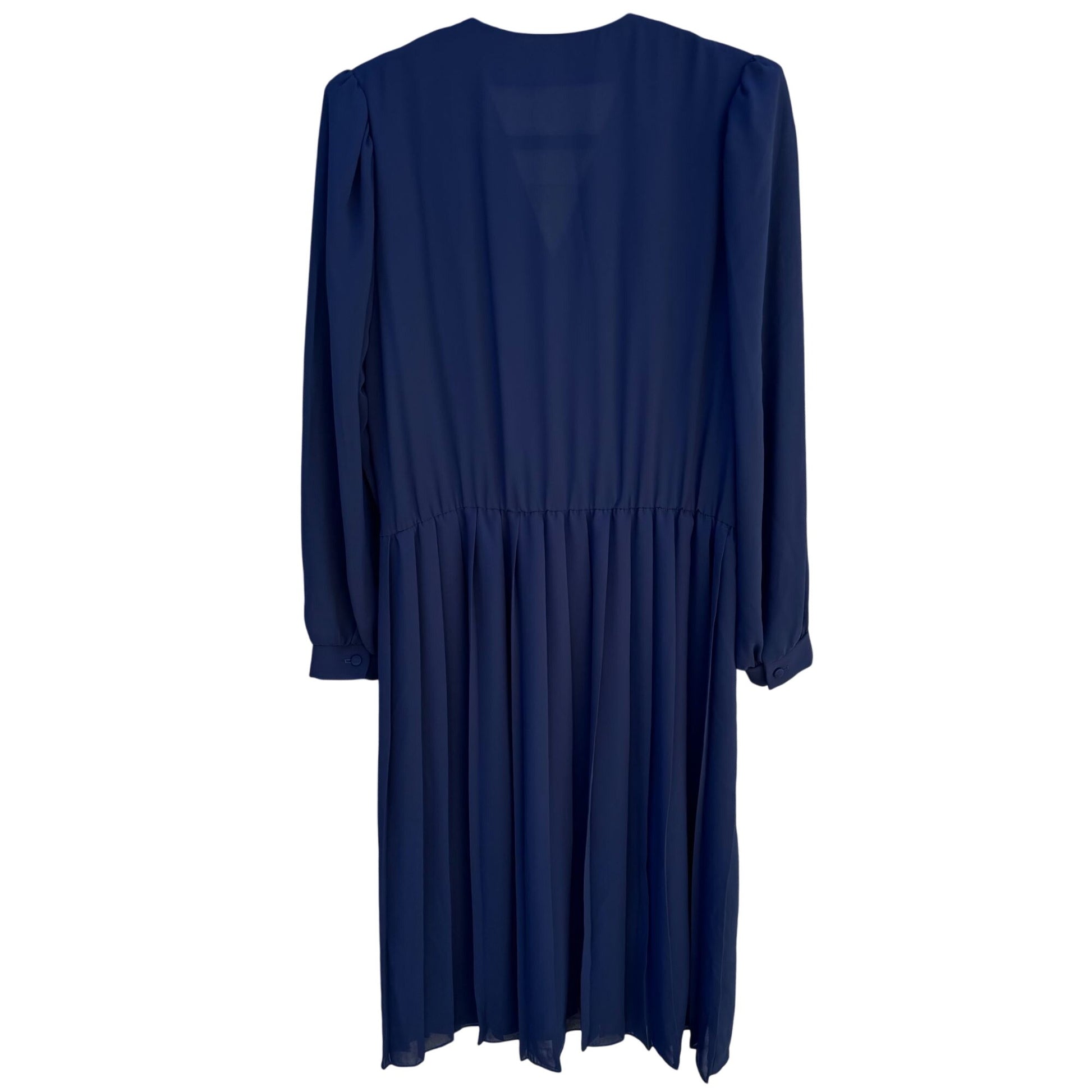 Vintage Womens Navy Blue Long-Sleeve Pleated V-Neck Flowy Semi Sheer Midi Dress