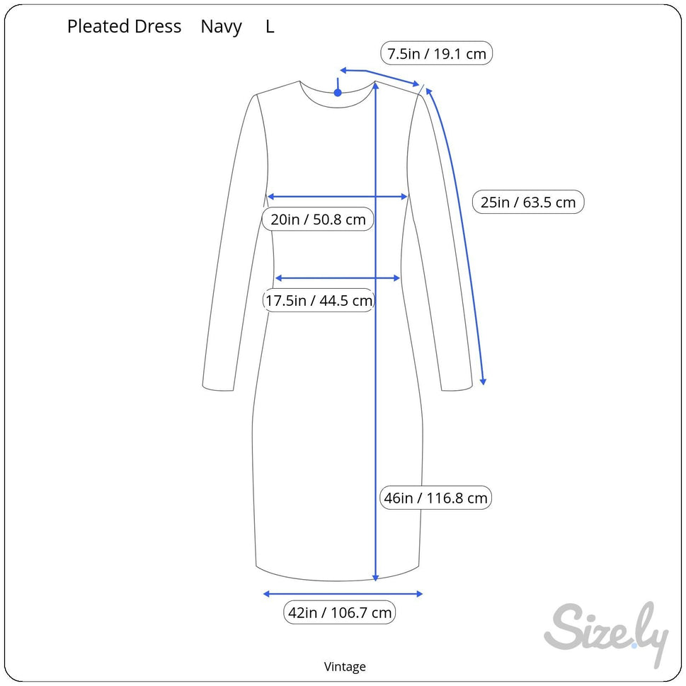 Vintage Womens Navy Blue Long-Sleeve Pleated V-Neck Flowy Semi Sheer Midi Dress