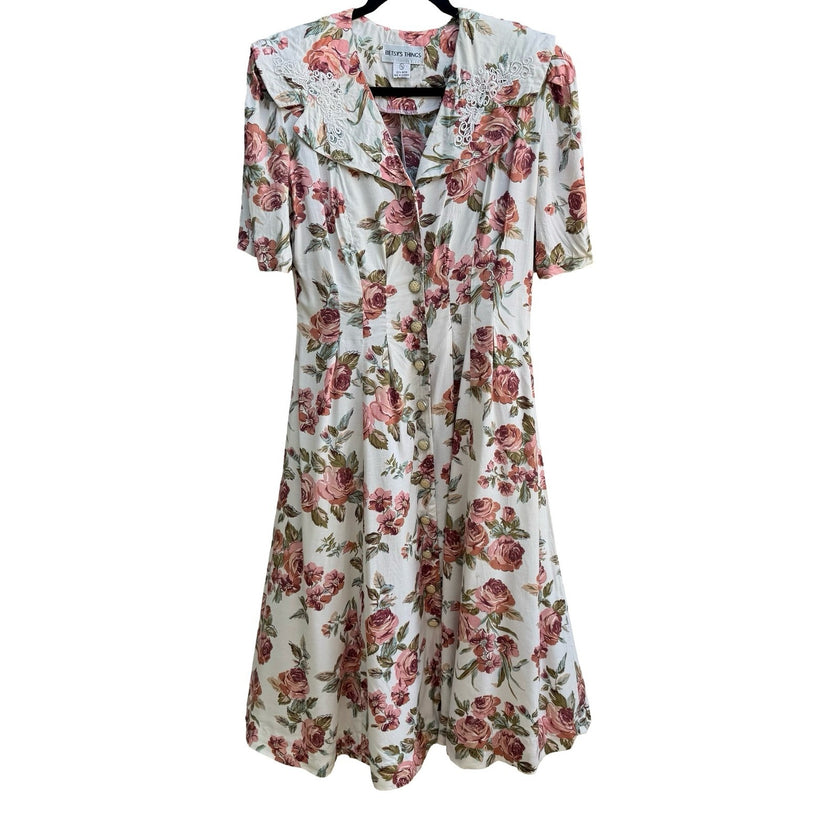 Betsy's Things Vintage 90s Cottagecore Shabby Chic Floral Lace Collar Midi Dress