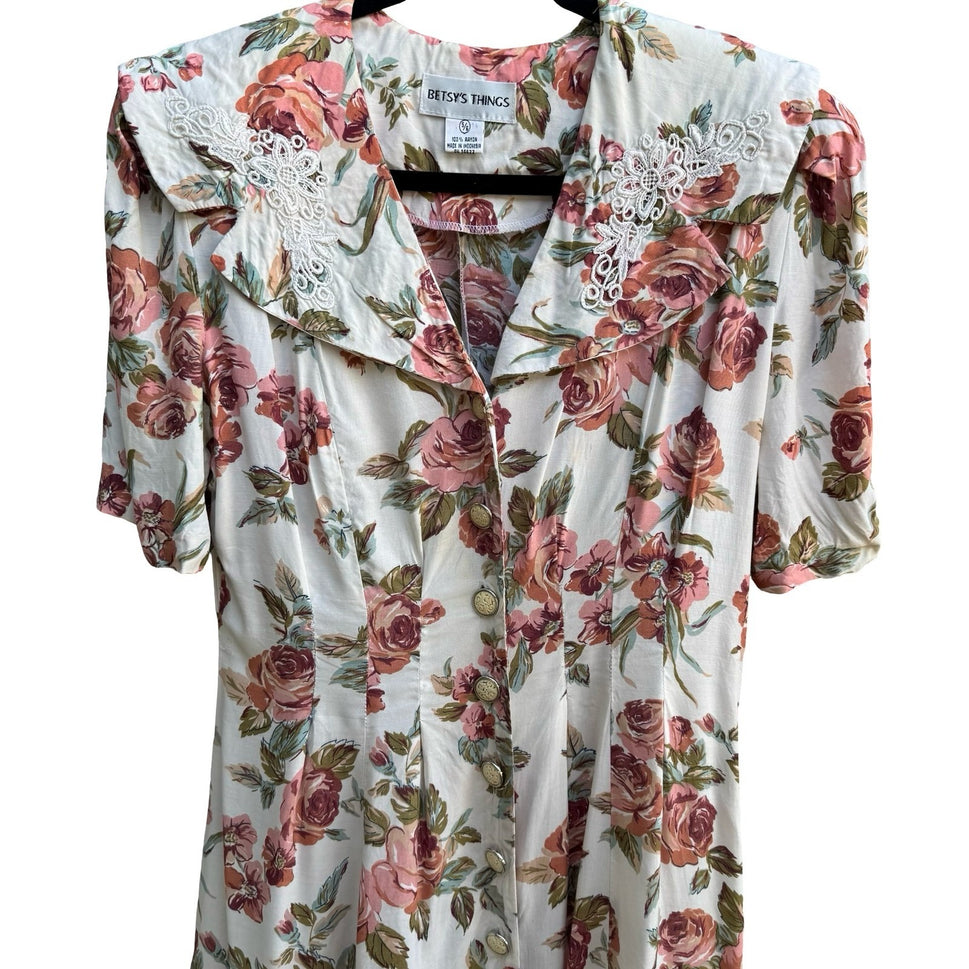 Betsy's Things Vintage 90s Cottagecore Shabby Chic Floral Lace Collar Midi Dress
