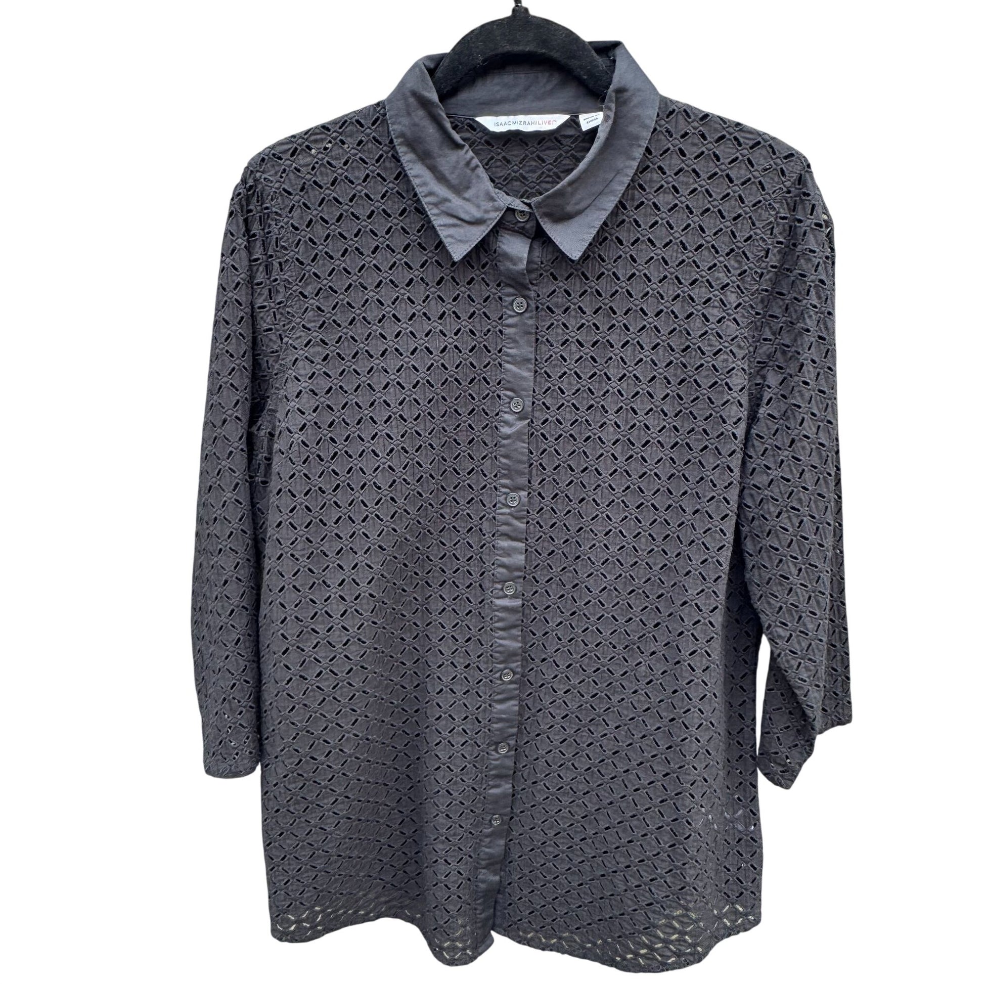 Isaac Mizrahi Black Eyelet Embroidered Sheer Boho Button-Up Long Sleeve Shirt L